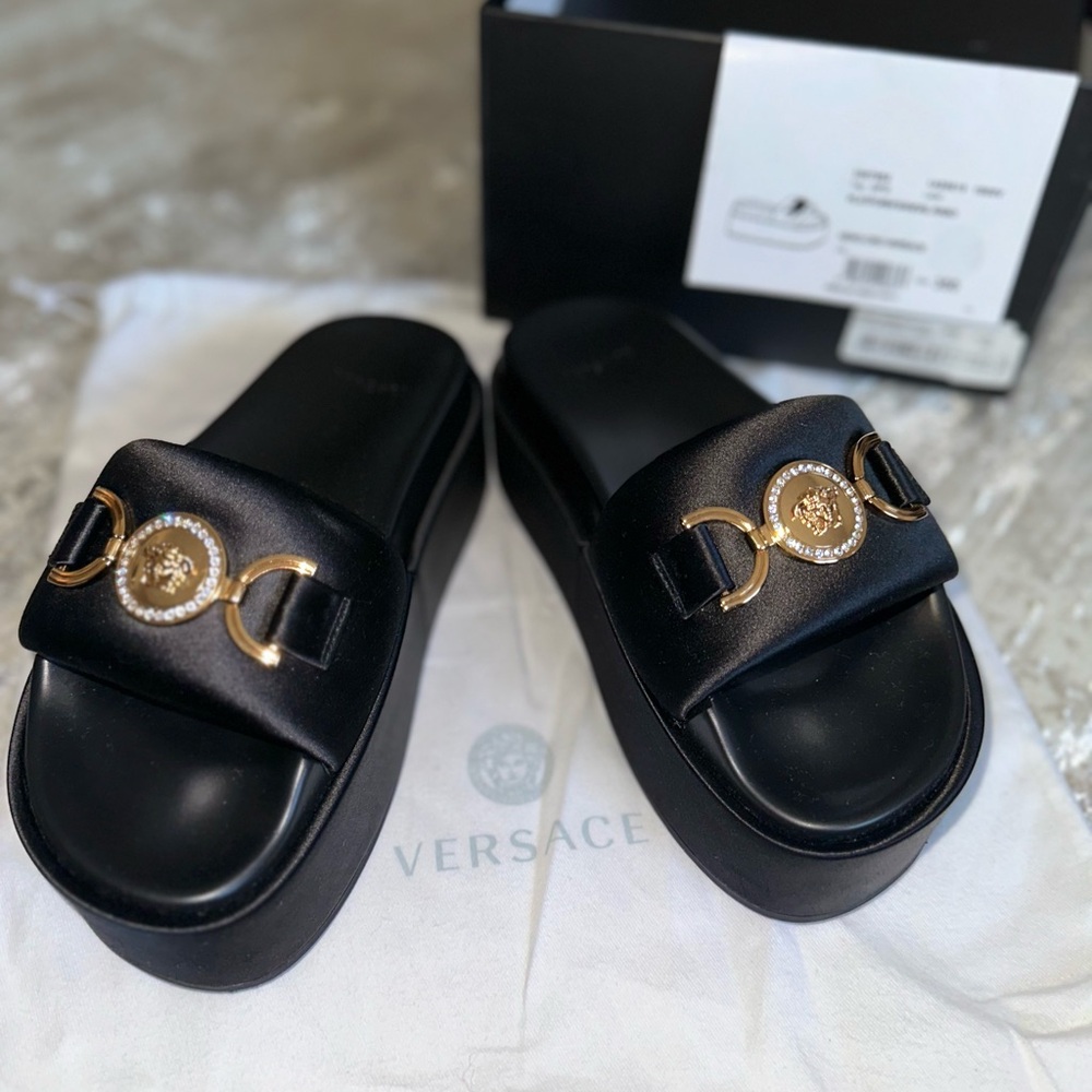 Versace, sandals, gold, and black satin